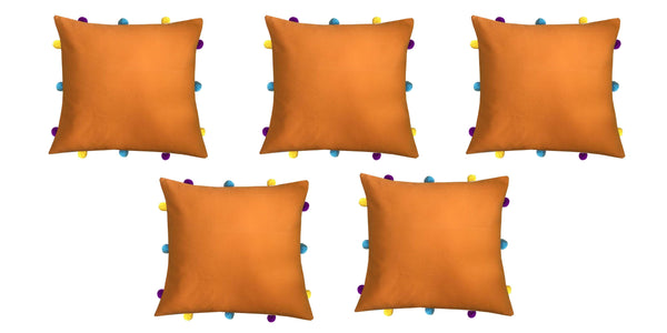 Lushomes Sun Orange Cushion Cover with Colorful pom poms (5 pcs, 12 x 12”) - Lushomes