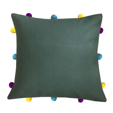 Lushomes Vineyard Green Cushion Cover with Colorful pom poms (Single pc, 12 x 12”) - Lushomes