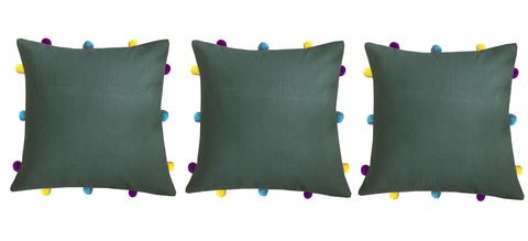 Lushomes Vineyard Green Cushion Cover with Colorful pom poms (3 pcs, 12 x 12”) - Lushomes