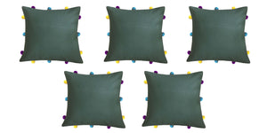 Lushomes Vineyard Green Cushion Cover with Colorful pom poms (5 pcs, 12 x 12”) - Lushomes