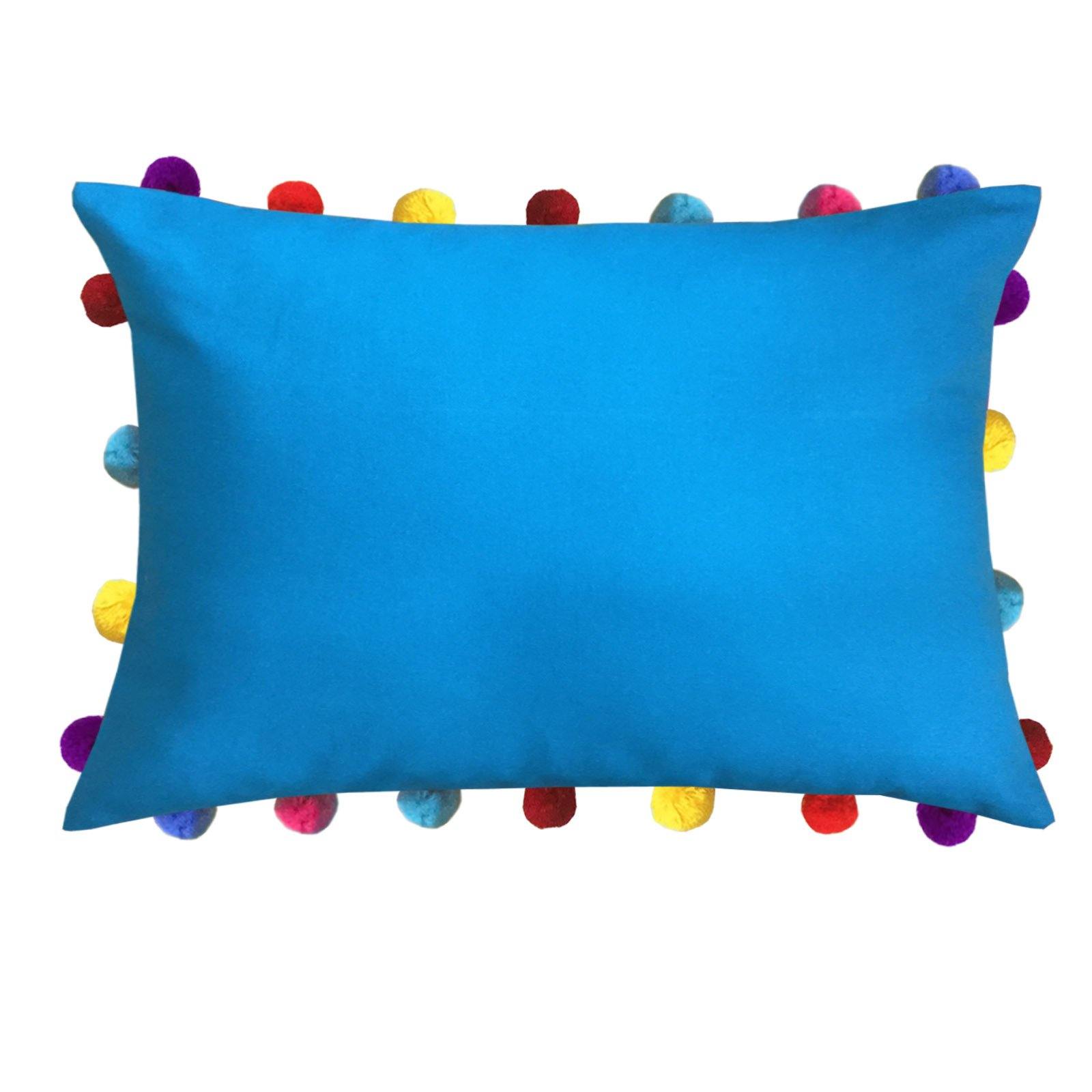 Lushomes Blue Sofa Cushion Cover Online with Colorful Pom Pom (Pack of 1 pc, 14 x 20 inches) - Lushomes