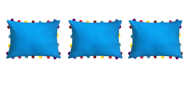 Lushomes Blue Sofa Cushion Cover Online with Colorful Pom Pom (Pack of 3 Pcs , 14 x 20 inches) - Lushomes