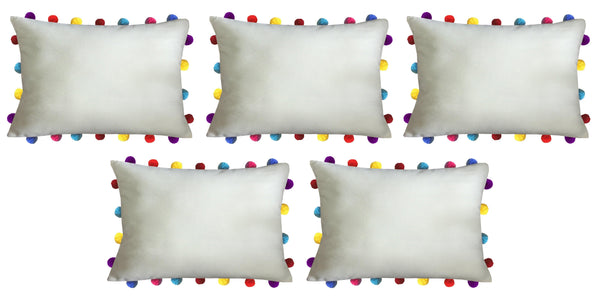Lushomes Ecru Cushion Cover with Colorful Pom poms (5 pcs, 14 x 20”) - Lushomes