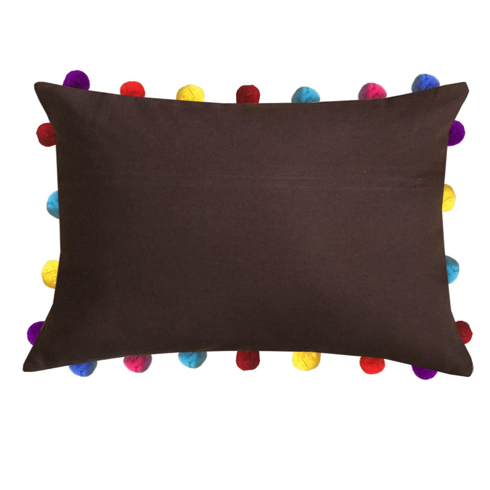 Lushomes French Roast Cushion Cover with Colorful Pom poms (Single pc, 14 x 20”) - Lushomes