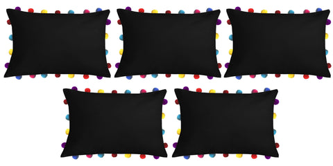 Lushomes Pirate Black Cushion Cover with Colorful Pom poms (5 pcs, 14 x 20”) - Lushomes