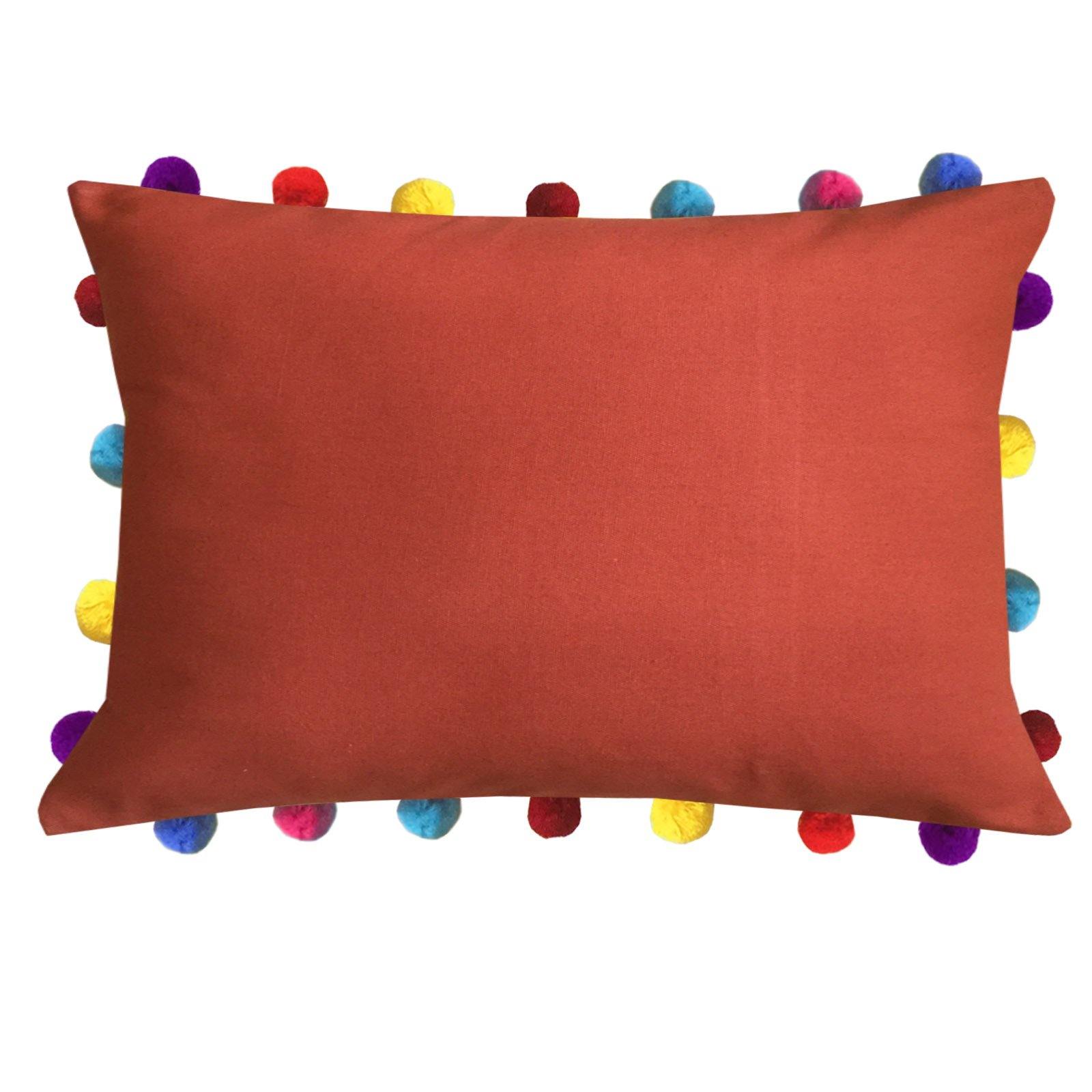 Lushomes Red Wood Cushion Cover with Colorful Pom poms (Single pc, 14 x 20”) - Lushomes