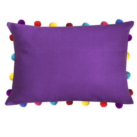 Lushomes Royal Lilac Cushion Cover with Colorful Pom poms (Single pc, 14 x 20”) - Lushomes