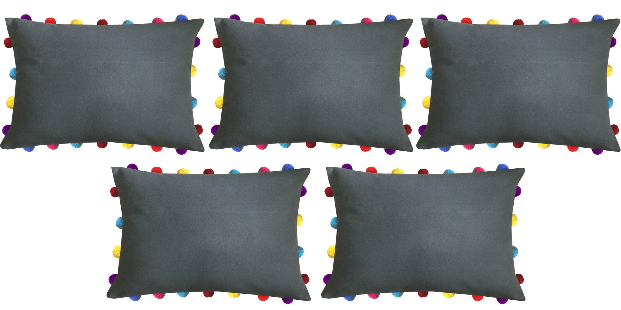 Lushomes Sedona Sage Cushion Cover with Colorful Pom poms (5 pcs, 14 x 20”) - Lushomes