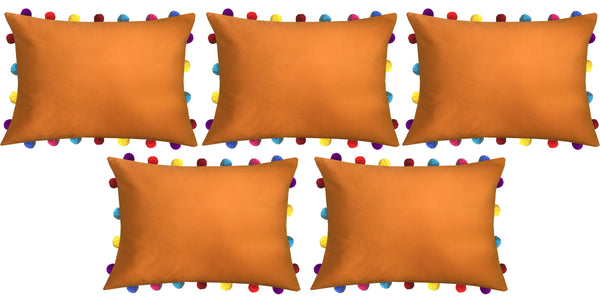 Lushomes Sun Orange Cushion Cover with Colorful Pom poms (5 pcs, 14 x 20”) - Lushomes