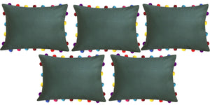 Lushomes Vineyard Green Cushion Cover with Colorful Pom poms (5 pcs, 14 x 20”) - Lushomes