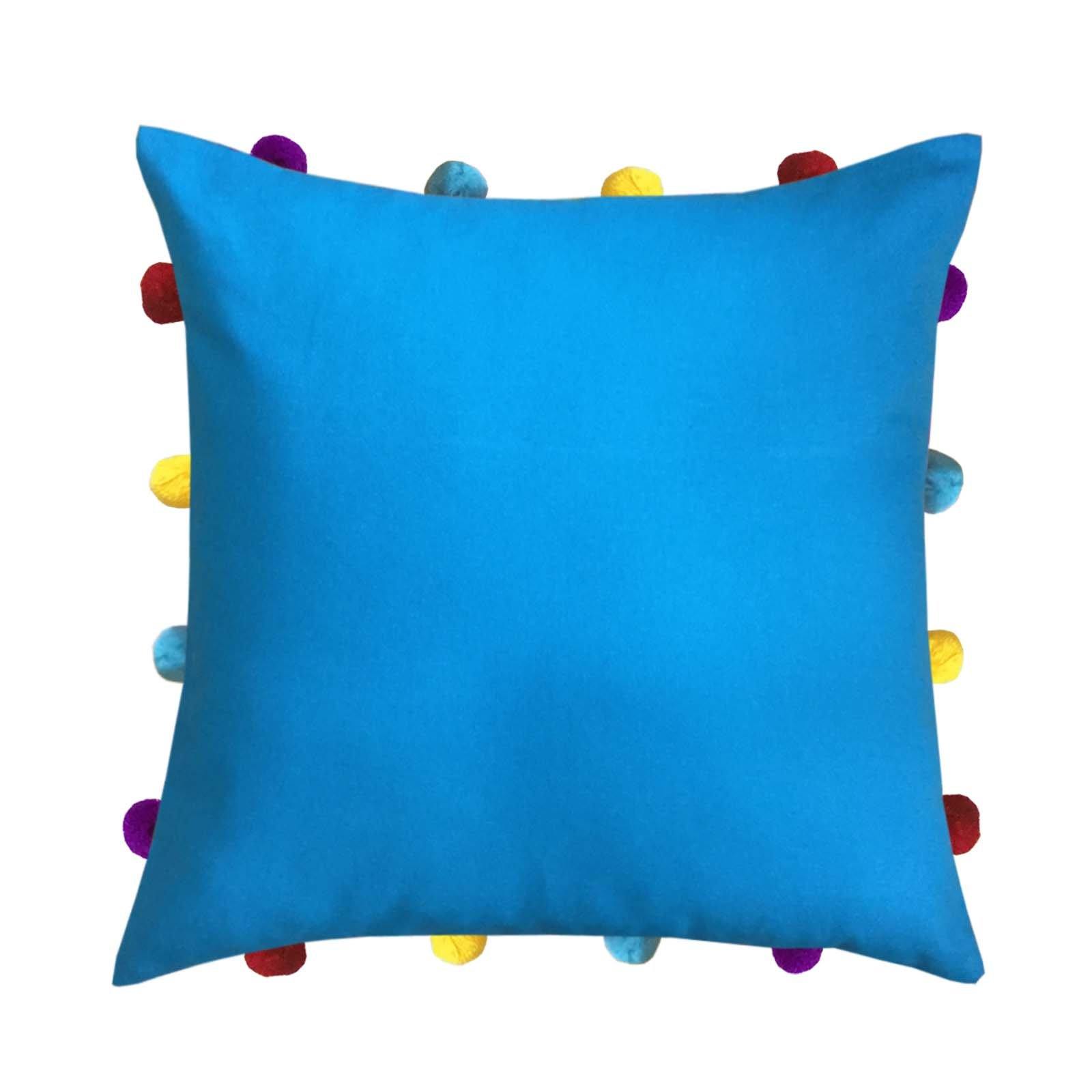 Lushomes Blue Sofa Cushion Cover Online with Colorful Pom Pom (Pack of 1 pc, 14 x 14 inches) - Lushomes