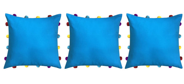 Lushomes Blue Sofa Cushion Cover Online with Colorful Pom Pom (Pack of 3 Pcs, 14 x 14 inches) - Lushomes