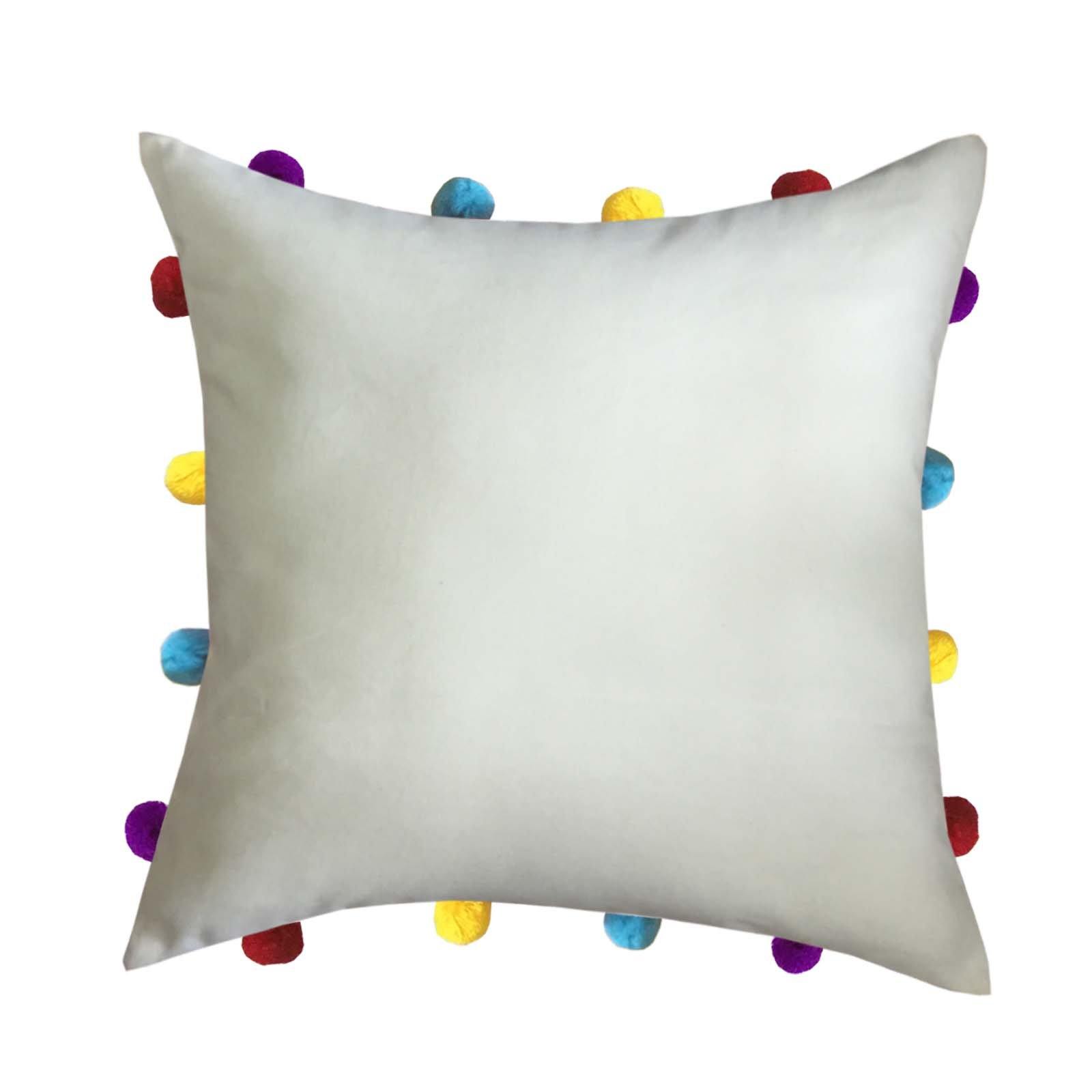 Lushomes Ecru Cushion Cover with Colorful pom poms (Single pc, 14 x 14”) - Lushomes