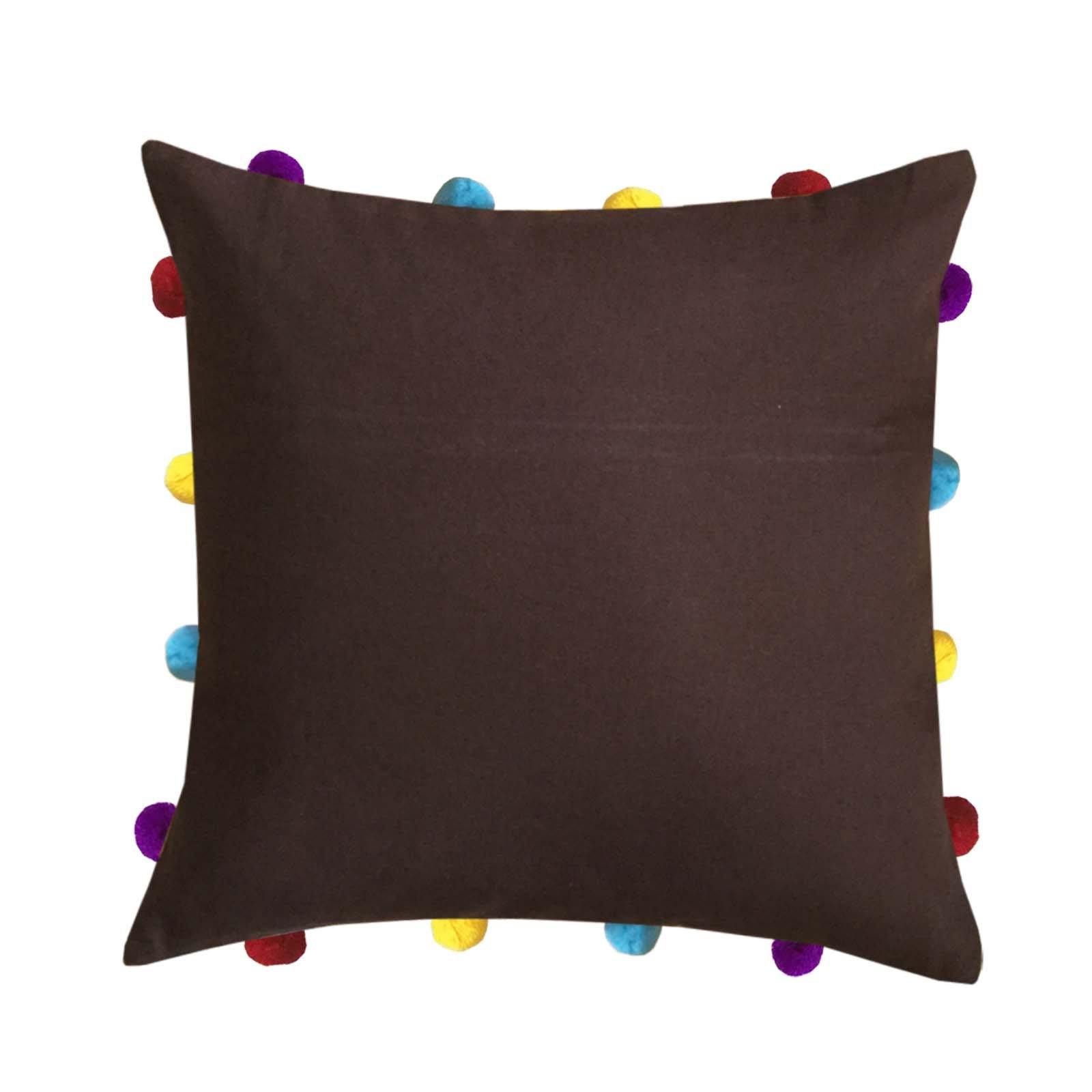 Lushomes French Roast Cushion Cover with Colorful pom poms (Single pc, 14 x 14”) - Lushomes
