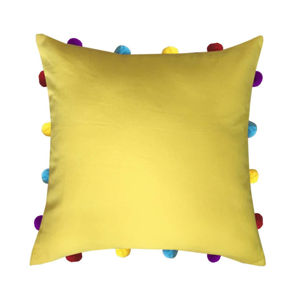 Lushomes Lemon Chrome Cushion Cover with Colorful pom poms (Single pc, 14 x 14”) - Lushomes