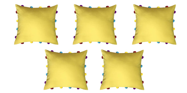 Lushomes Lemon Chrome Cushion Cover with Colorful pom poms (5 pcs, 14 x 14”) - Lushomes