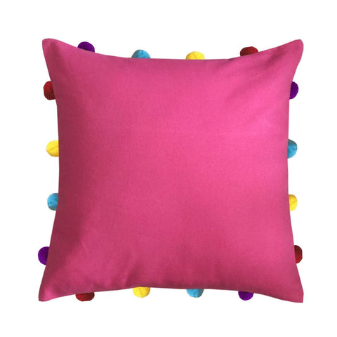 Lushomes Rasberry Cushion Cover with Colorful pom poms (Single pc, 14 x 14”) - Lushomes