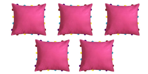 Lushomes Rasberry Cushion Cover with Colorful pom poms (5 pcs, 14 x 14”) - Lushomes
