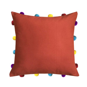 Lushomes Red Wood Cushion Cover with Colorful pom poms (Single pc, 14 x 14”) - Lushomes