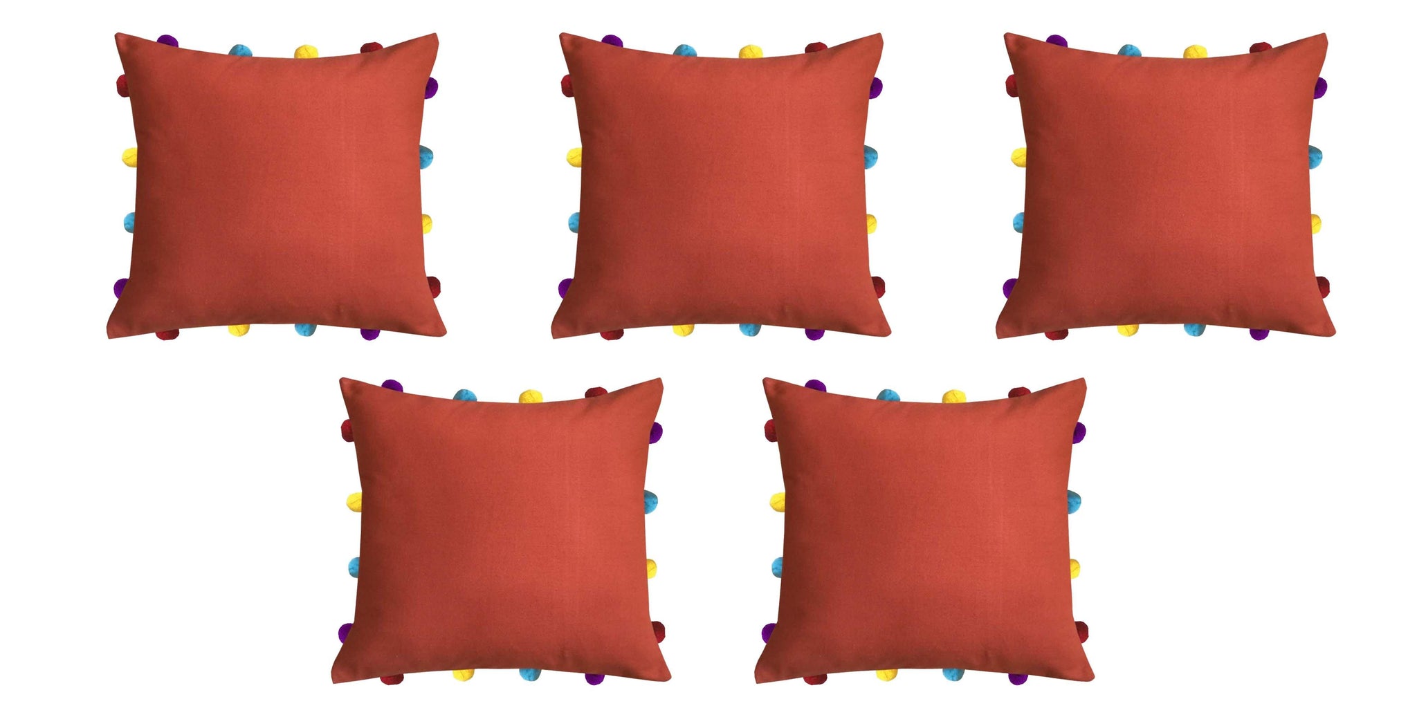 Lushomes Red Wood Cushion Cover with Colorful pom poms (5 pcs, 14 x 14”) - Lushomes