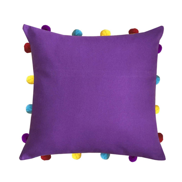 Lushomes Royal Lilac Cushion Cover with Colorful pom poms (Single pc, 14 x 14”) - Lushomes