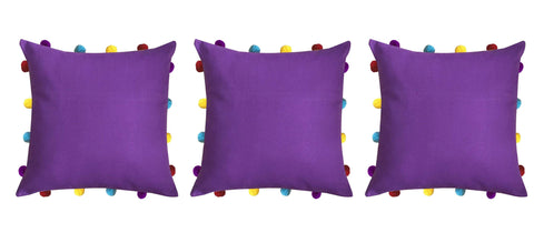 Lushomes Royal Lilac Cushion Cover with Colorful pom poms (3 pcs, 14 x 14”) - Lushomes
