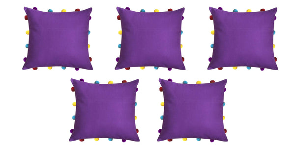 Lushomes Royal Lilac Cushion Cover with Colorful pom poms (5 pcs, 14 x 14”) - Lushomes
