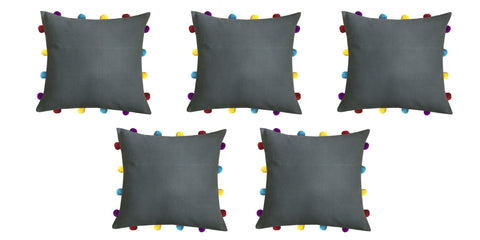 Lushomes Sedona Sage Cushion Cover with Colorful pom poms (5 pcs, 14 x 14”) - Lushomes