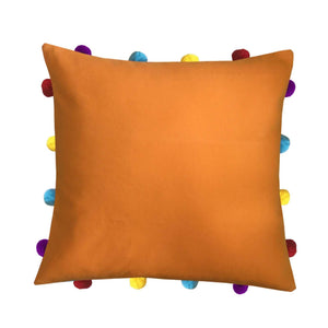 Lushomes Sun Orange Cushion Cover with Colorful pom poms (Single pc, 14 x 14”) - Lushomes