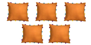 Lushomes Sun Orange Cushion Cover with Colorful pom poms (5 pcs, 14 x 14”) - Lushomes
