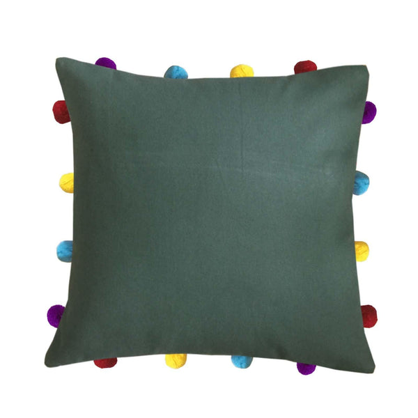 Lushomes Vineyard Green Cushion Cover with Colorful pom poms (Single pc, 14 x 14”) - Lushomes