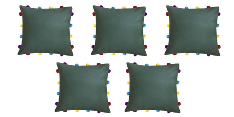 Lushomes Vineyard Green Cushion Cover with Colorful pom poms (5 pcs, 14 x 14”) - Lushomes