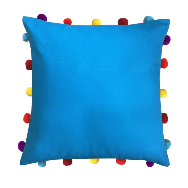 Lushomes Blue Sofa Cushion Cover Online with Colorful Pom Pom (Pack of 1 Pc, 16 x 16 inches) - Lushomes