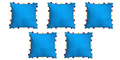 Lushomes Blue Sofa Cushion Cover Online with Colorful Pom Pom (Pack of 5 Pcs, 16 x 16 inches) - Lushomes