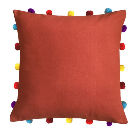 Lushomes Red Wood Cushion Cover with Colorful pom poms (Single pc, 16 x 16”) - Lushomes