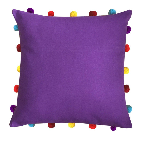 Lushomes Royal Lilac Cushion Cover with Colorful pom poms (3 pcs, 16 x 16”) - Lushomes