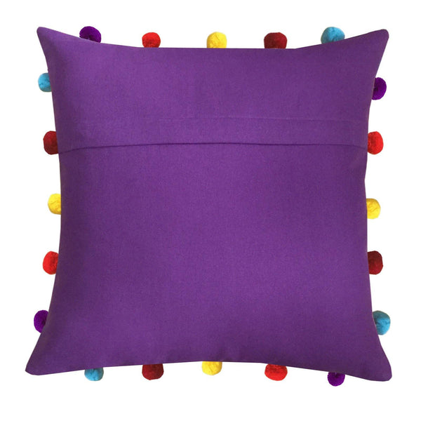 Lushomes Royal Lilac Cushion Cover with Colorful pom poms (Single pc, 16 x 16”) - Lushomes
