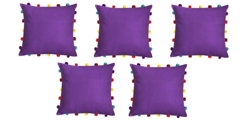 Lushomes Royal Lilac Cushion Cover with Colorful pom poms (5 pcs, 16 x 16”) - Lushomes