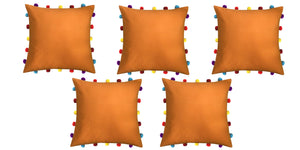Lushomes Sun Orange Cushion Cover with Colorful pom poms (5 pcs, 16 x 16”) - Lushomes
