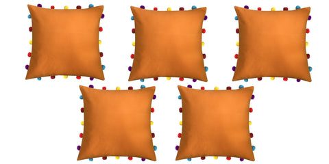 Lushomes Sun Orange Cushion Cover with Colorful pom poms (5 pcs, 16 x 16”) - Lushomes