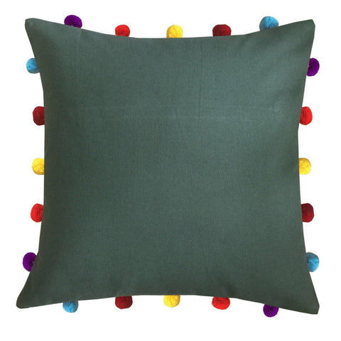 Lushomes Vineyard Green Cushion Cover with Colorful pom poms (Single pc, 16 x 16”)) - Lushomes
