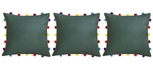 Lushomes Vineyard Green Cushion Cover with Colorful pom poms (3 pcs, 16 x 16”) - Lushomes