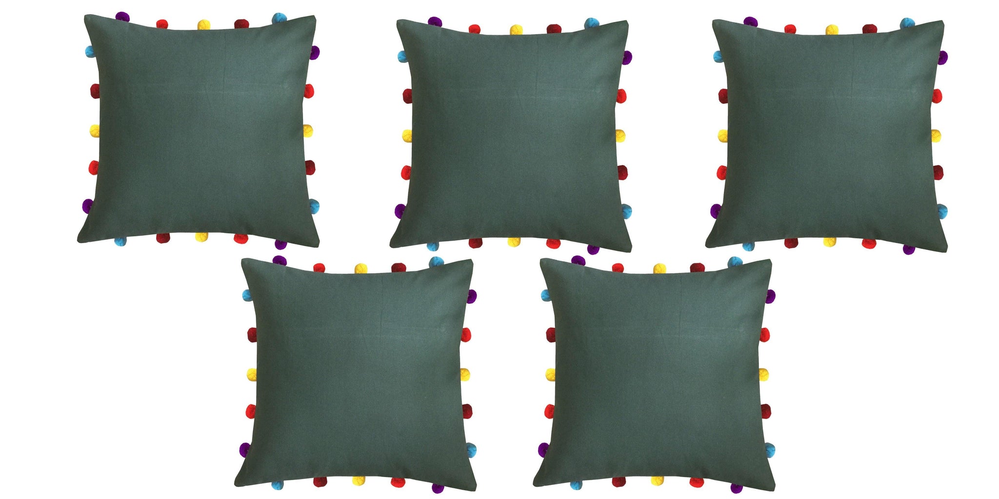 Lushomes Vineyard Green Cushion Cover with Colorful pom poms (5 pcs, 16 x 16”) - Lushomes