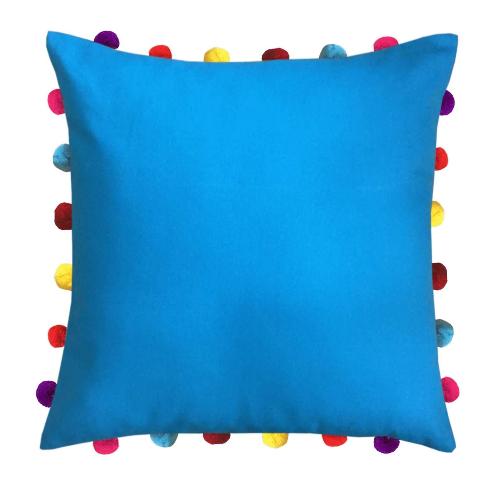 Lushomes Blue Sofa Cushion Cover Online with Colorful Pom Pom (Pack of 1 pc, 18 x 18 inches) - Lushomes