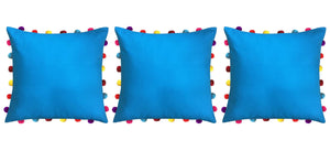 Lushomes Blue Sofa Cushion Cover Online with Colorful Pom Pom (Pack of 3 pcs, 18 x 18 inches) - Lushomes