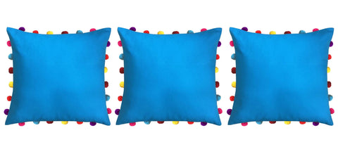 Lushomes Blue Sofa Cushion Cover Online with Colorful Pom Pom (Pack of 3 pcs, 18 x 18 inches) - Lushomes