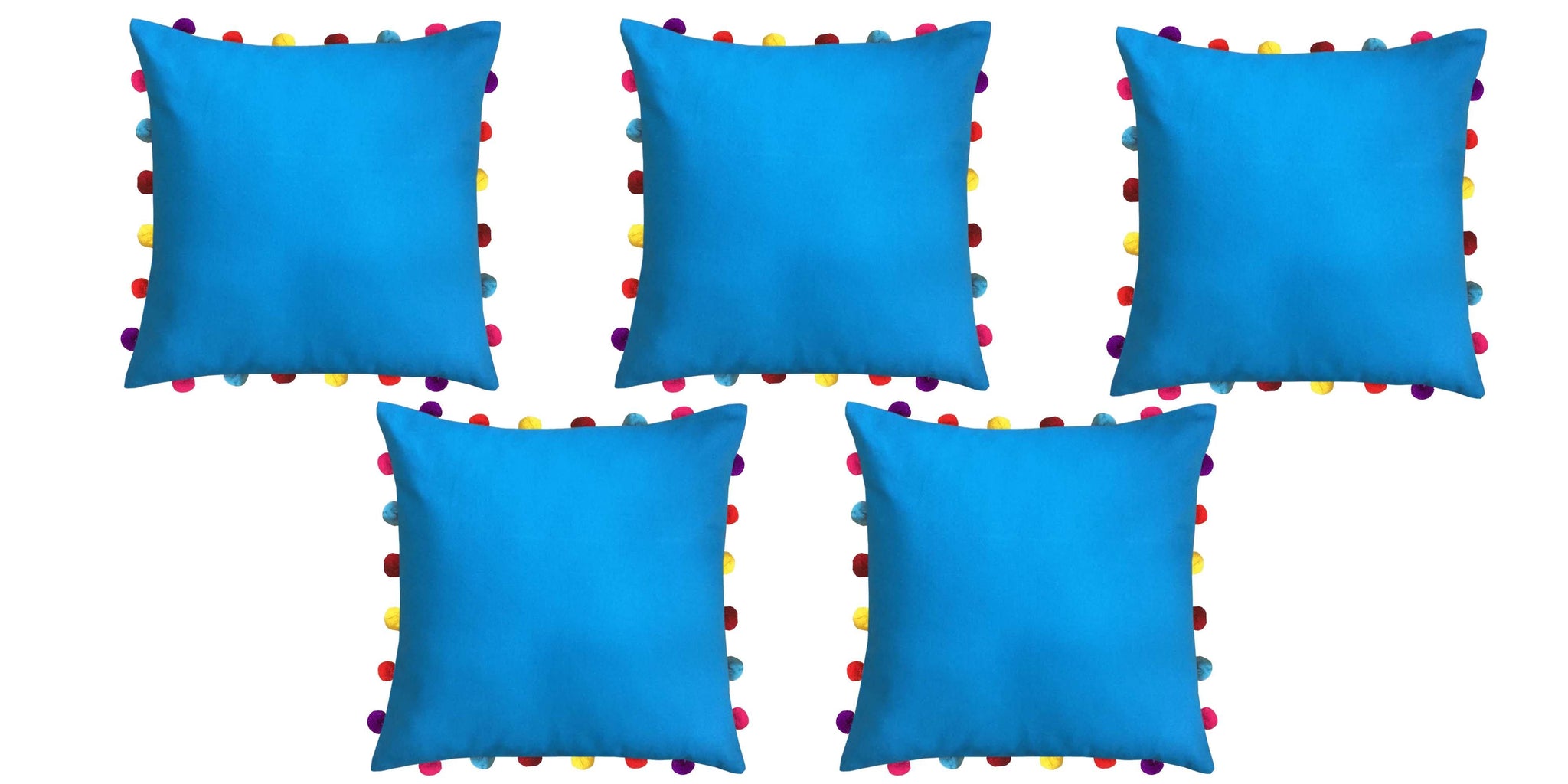 Lushomes Blue Sofa Cushion Cover Online with Colorful Pom Pom (Pack of 5 pcs, 18 x 18 inches) - Lushomes
