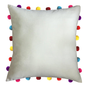 Lushomes Ecru Cushion Cover with Colorful Pom pom (Single pc, 18 x 18”) - Lushomes