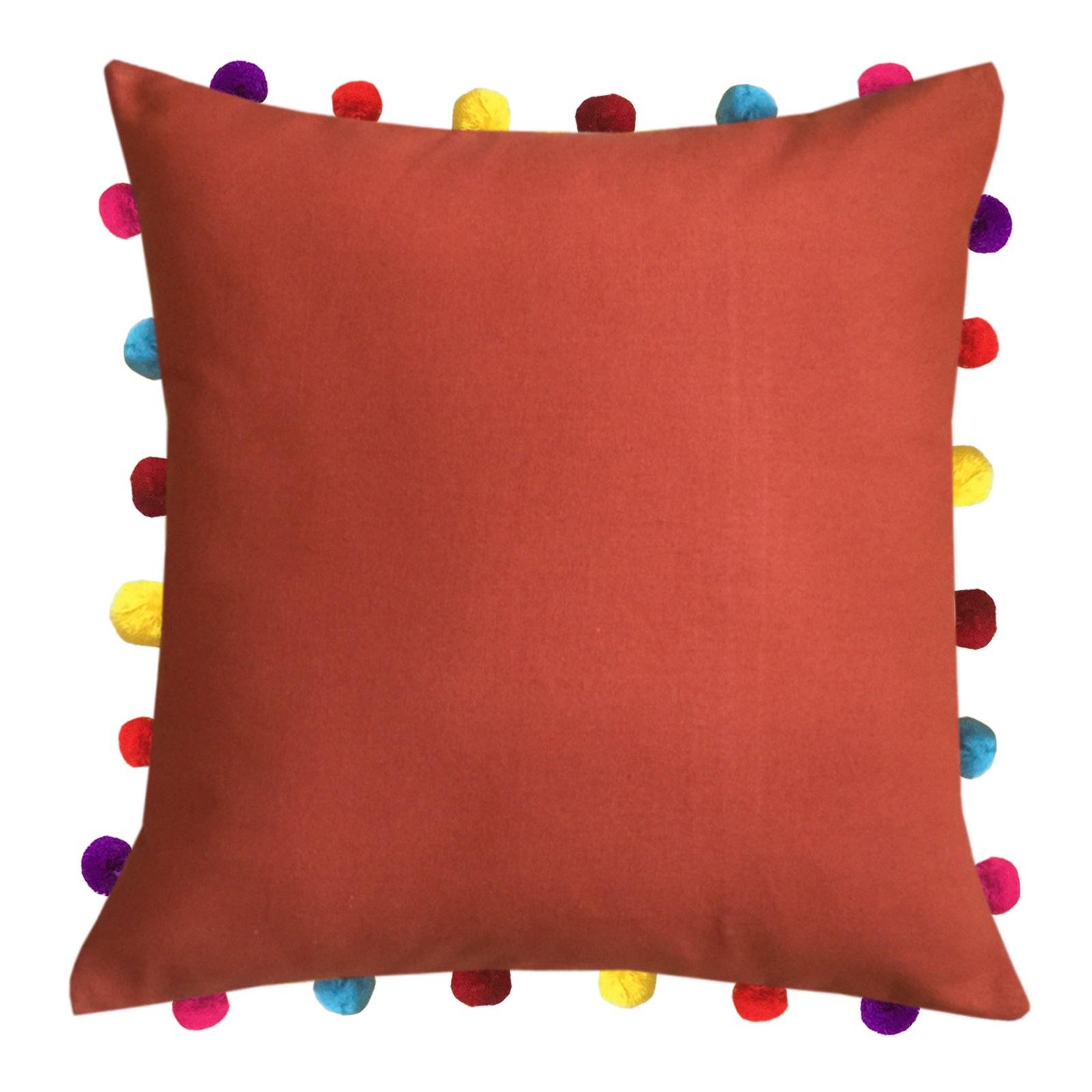 Lushomes Red Wood Cushion Cover with Colorful Pom pom (Single pc, 18 x 18”) - Lushomes