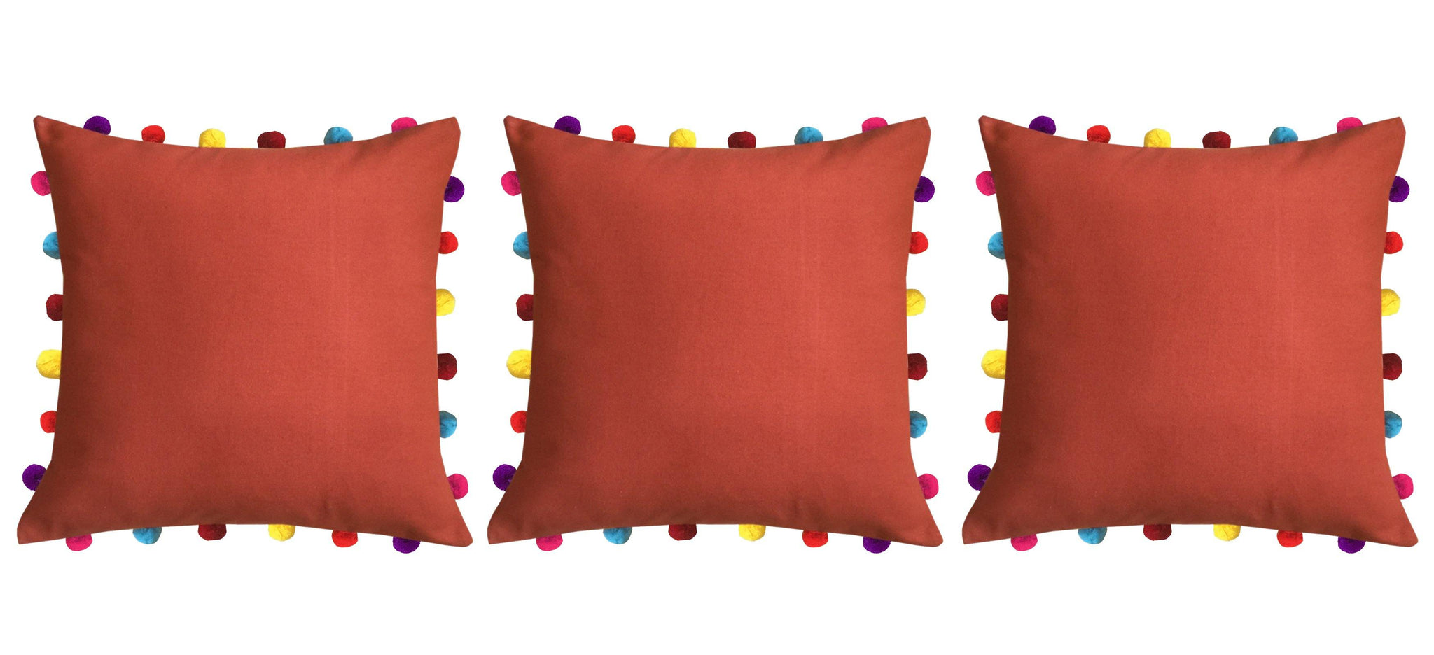 Lushomes Red Wood Cushion Cover with Colorful Pom pom (3 pcs, 18 x 18”) - Lushomes
